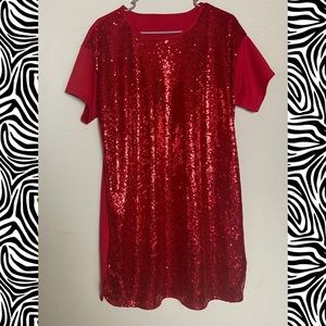 Red Sequin Oversized Tshirt Dress with Pockets
